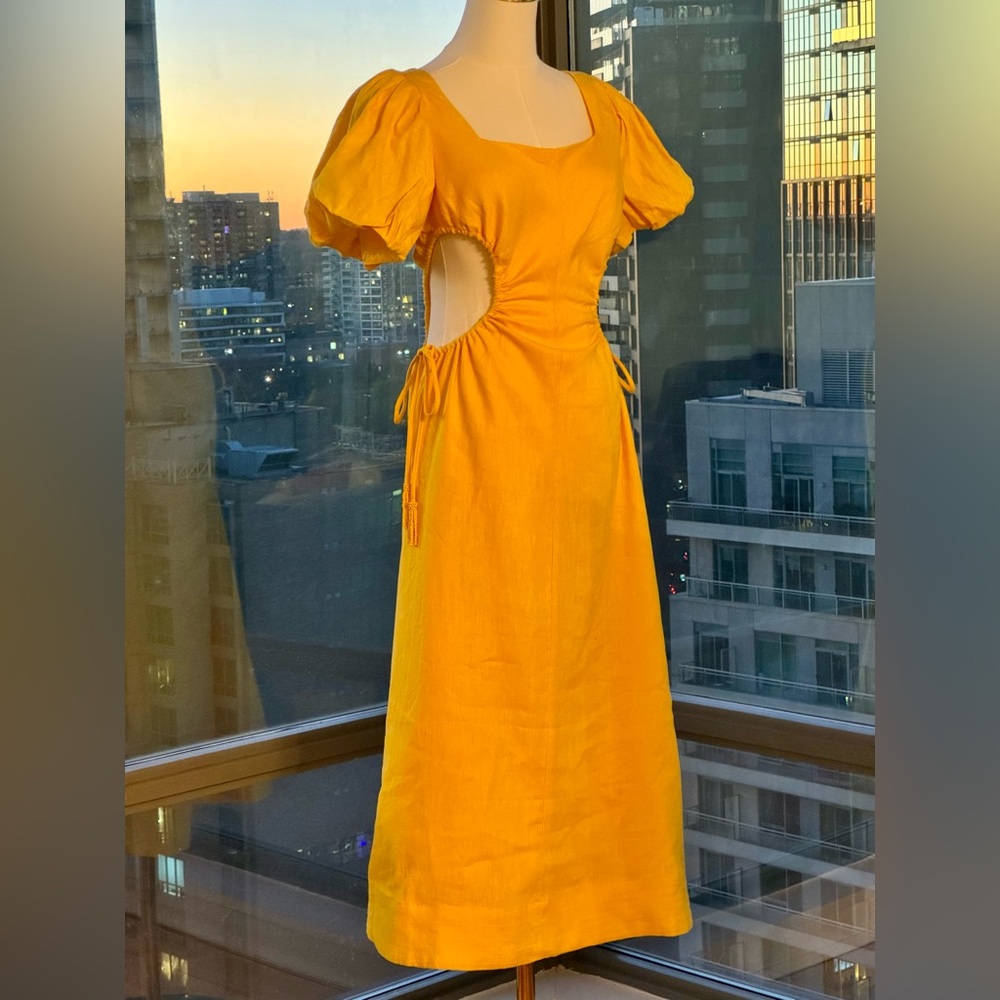 🆕 FARM Rio 🧿 NWOT Linen Cut Out Midi Dress, Yellow - Size XS - Picture 6 of 16
